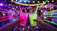 Two hands toasting with colorful cocktails at vibrant nightclub party with neon lights and bokeh background for celebration and nightlife entertainment.