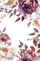 Romantic floral frame with purple and white peonies on white background, isolated botanical border design for wedding stationery and invitations.