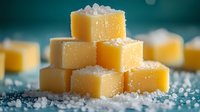 Stacked yellow lemon fudge candy cubes with sugar crystals on turquoise background, sweet homemade dessert treat for confectionery packaging.
