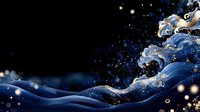 Dark blue ocean waves with white foam and glowing particles against black background, dramatic water splash effect in oriental art style creates mystical atmosphere.