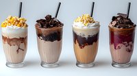 Assorted cold coffee drinks topped with whipped cream and various toppings including caramel popcorn and chocolate shavings in tall transparent glasses with straws.