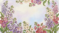 Watercolor floral frame with purple, pink, and white flowers on soft blue background, forming an elegant border with copy space in center.