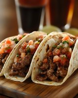Mexican street tacos with seasoned ground beef, fresh pico de gallo salsa, and chopped cilantro served on soft corn tortillas on wooden cutting board.