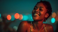 Young African American woman with braids laughing joyfully against colorful bokeh city lights background at night for lifestyle and happiness concepts.