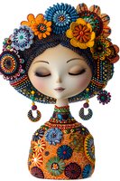 Decorative doll with colorful floral headdress and ornate beaded costume featuring vibrant patterns and circular motifs on white background.