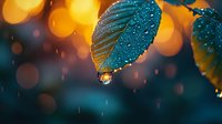 Raindrops on turquoise leaf with golden bokeh lights in background create dreamy autumn atmosphere, water droplet reflecting light in macro photography.