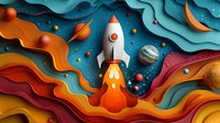 Layered paper art space scene with rocket launch through colorful waves, planets and stars in deep cosmos. Creative cut-out style cosmic illustration.