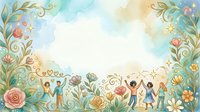 Young diverse group of people standing together surrounded by blooming flowers and ornamental foliage in watercolor style, representing community, unity, and togetherness for social concepts.