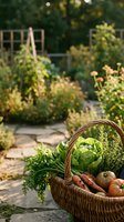 Fresh organic vegetables and herbs in wicker basket at sunny garden with blurred greenhouse background for healthy cooking and farm-to-table lifestyle.
