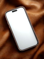 Modern smartphone with blank white screen on luxurious brown leather background, perfect for adding custom content or app interface mockups.
