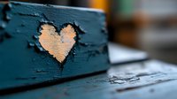 Peeling paint reveals heart shape on weathered teal wooden surface, creating natural rustic love symbol in vintage style. Romantic detail for Valentine's day designs.