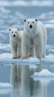 Polar bear mother and cub standing on ice floe with reflection in arctic waters. Wildlife conservation and climate change concept for environmental campaigns.