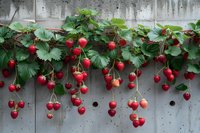 Fresh ripe strawberries growing on green vines against concrete wall, showing urban gardening and vertical growing concept for small spaces.