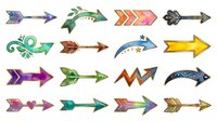 Colorful decorative arrows in various styles including chevron, feather, and geometric patterns, isolated on white background for design projects, web graphics, and creative applications.