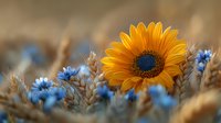 Vibrant sunflower stands tall among delicate blue wildflowers and wheat stalks, creating a rustic summer scene with warm golden tones and soft bokeh background.