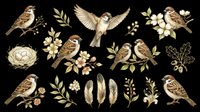 Sparrows and botanical elements isolated on transparent background. Ready for t-shirt design, clipart, stickers, sublimation, and print-on-demand projects.
