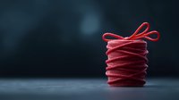 Red licorice candy wheel stacked in spiral tower with decorative bow on top against dark moody background, dramatic lighting creates soft shadows.