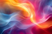 Vibrant flowing waves of orange, blue and pink create dynamic abstract background with smooth ethereal smoke-like curves and light effects for creative designs.