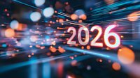 Glowing neon number 2026 with motion blur effect against dark background, surrounded by blue light trails and orange bokeh lights creating futuristic atmosphere.
