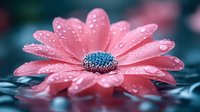 Pink gerbera daisy with morning dew drops on petals against blurred dark background, macro photography showing delicate water droplets and flower details.