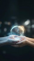 Hands holding glowing digital globe with network connections representing global technology, innovation and environmental sustainability concepts.