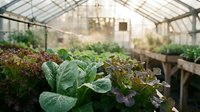Fresh organic vegetables growing in modern greenhouse with natural sunlight filtering through glass roof creating sustainable agriculture environment.