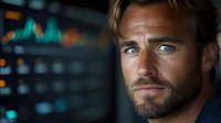 Confident businessman with beard looking at financial market data charts. Blurred trading screens with stock market data in background. Professional trader portrait.