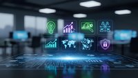 Digital business icons floating above modern office workspace with glowing neon effects for corporate technology presentations and marketing materials.