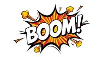 Comic book explosion burst with BOOM text in retro pop art style featuring dynamic starburst rays and impact effects on white background.