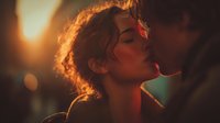 Young woman with curly hair in profile enjoying golden hour sunlight with warm bokeh lights creating dreamy atmospheric mood for lifestyle content.