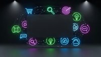 Colorful neon business icons floating in circular formation on dark background with spotlights. Digital marketing symbols for presentations and web design.