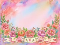 Watercolor floral border with pink, orange, and coral roses, green foliage, and decorative ribbon banner on soft pastel background. Perfect for invitations, greeting cards, and design projects.