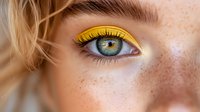 Close-up portrait of young Caucasian woman with freckled skin and striking blue eyes featuring bold yellow eyeshadow makeup for beauty and cosmetics concepts.