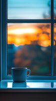 Coffee cup on windowsill against blurred orange sunset sky background creates cozy autumn atmosphere for lifestyle, relaxation and mindfulness concepts.