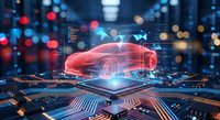 Futuristic red sports car hologram projection over circuit board with glowing data analytics and city lights bokeh background for automotive technology concepts.