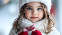 Young girl with bright blue eyes wearing white knitted winter hat and scarf, holding red gift box against blurred holiday background. Gentle portrait with soft bokeh lighting.