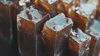 Frozen cola popsicles with frost and ice crystals in macro view showing refreshing cold texture and brown caramel color on dark background.