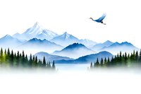 Majestic mountain landscape with flying crane against snowy peaks, evergreen forest silhouettes, and misty valleys in blue tones, isolated on white background.