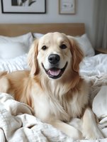Happy golden retriever dog lying on white bedding in modern bedroom with wooden headboard and framed artwork on wall.