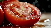 Fresh ripe tomato cut in half showing juicy flesh and seeds with water drops in macro photography on dark background with bokeh effect.