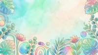 Soft watercolor background with colorful tropical leaves, flowers, and holographic elements framing pastel green and peach tones with copy space.