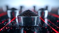 Black caviar in metal bowl on dark background with red light rays and bokeh effect creates dramatic luxury food presentation for restaurant menu design.