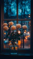 Peach roses in glass vase on window sill at dusk, with bokeh lights and blue twilight creating cozy atmospheric mood, romantic evening ambiance.