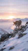 Bighorn sheep ram standing on rocky mountain cliff during golden hour sunrise with dramatic sky and snow-covered peaks in background for wildlife photography.