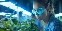 Young female scientist in protective eyewear examining plant growth under blue LED lights in modern hydroponic laboratory, demonstrating sustainable agriculture and biotechnology research.