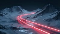 Neon red light trails wind through snow-covered mountains at dusk, creating a glowing path across the winter landscape for futuristic and sci-fi design projects.