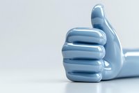 Light blue glossy thumbs up gesture on white background, minimal modern design concept for positive feedback and approval. Isolated object for business presentations.