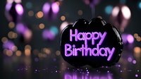 Glowing neon pink Happy Birthday text on black balloon shape against dark background with purple and blue bokeh lights creates festive celebration atmosphere.