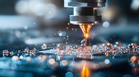 Macro shot of industrial laser cutting metal with orange sparks and water droplets creating dramatic bokeh effect against dark blue background in manufacturing process.