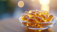 Omega-3 fish oil capsules in glass bowl with soft bokeh background, golden hour lighting creates warm glow through transparent gel supplements.